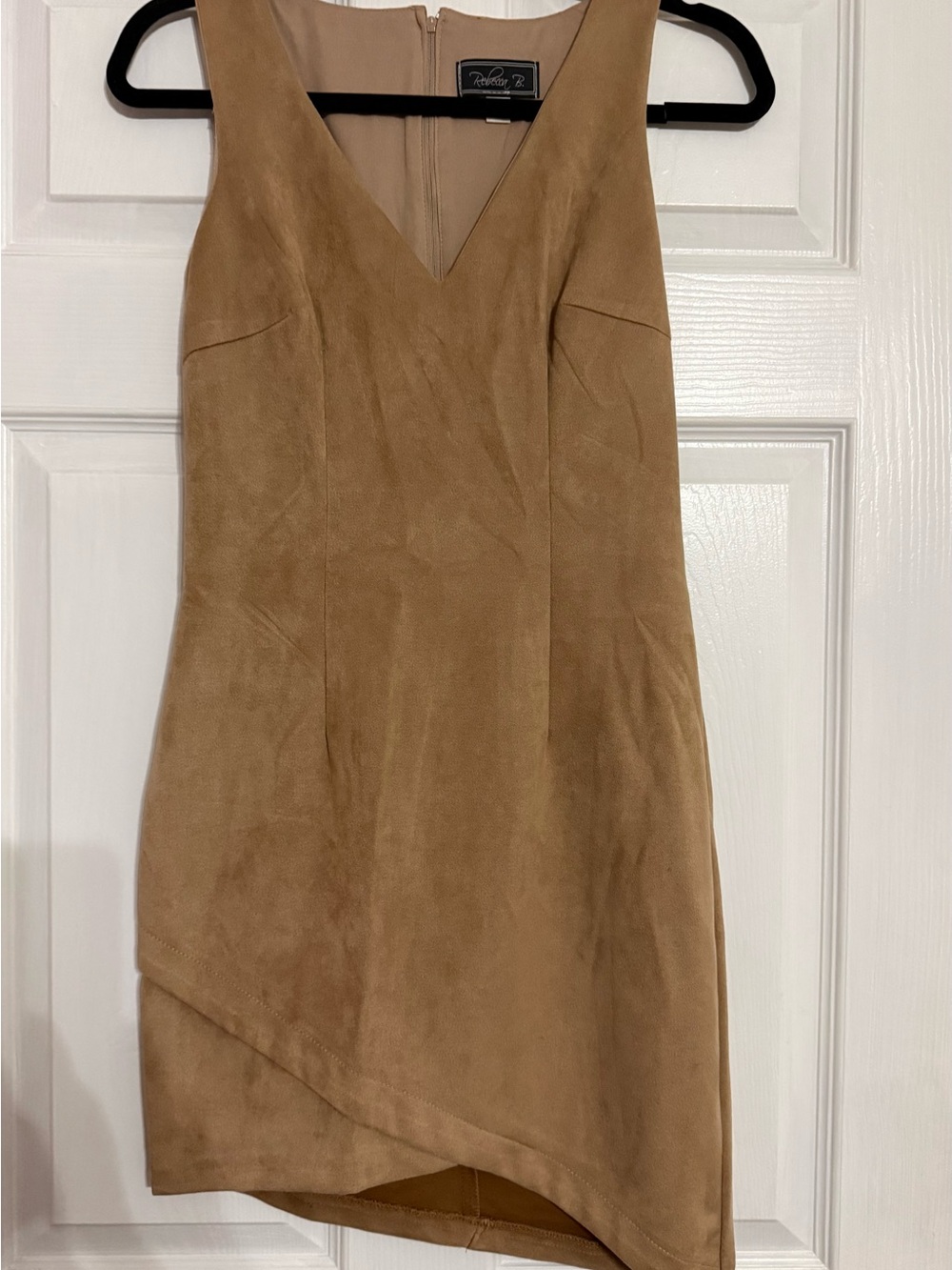 BECCA Tan Asymmetrical Faux Suede Sheath Dress